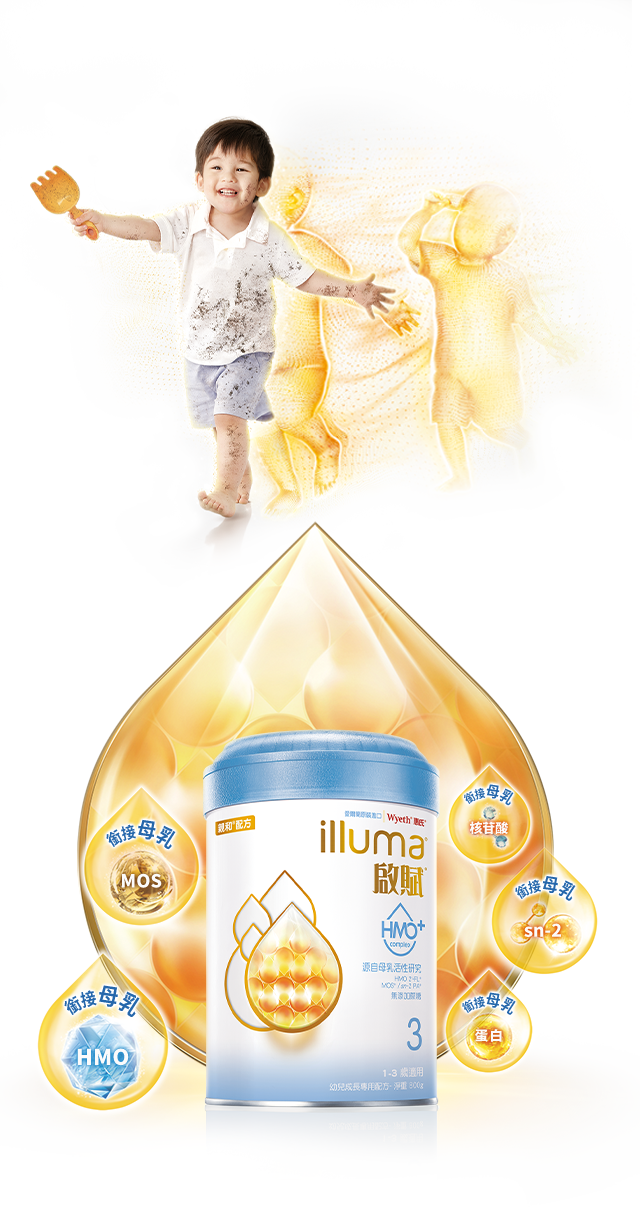 惠氏 illuma 啟賦 3 延續母乳體質:寶寶大膽玩,媽媽大膽放手!源於母乳活性因子 gsMO、α-lac、sn-2 PA 等銜接母乳核心成分,延續寶寶母乳體質。